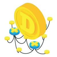 Decentralization icon isometric vector. Decentralized symbol and gold dogecoin vector