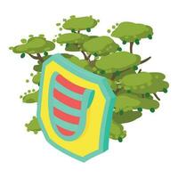 Multicolored shield icon isometric vector. Bright shield on big tree background vector