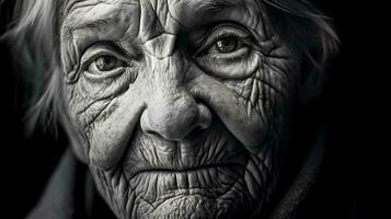 el concepto de antiguo gente, un retrato de un abuela con un arrugado rostro, monocromo hecho con generativo ai foto