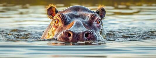 hippopotamus in water in nature, banner, made with Generative AI photo