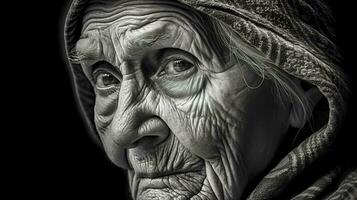 the concept of old people, a portrait of a grandmother with a wrinkled face, monochrome made with Generative AI photo