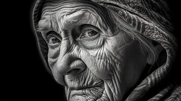 el concepto de antiguo gente, un retrato de un abuela con un arrugado rostro, monocromo hecho con generativo ai foto