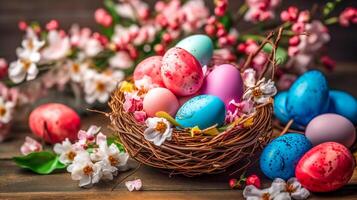 dyed in different colors Easter eggs in basket and flowers, celebration of religious holidays, made with Generative AI photo