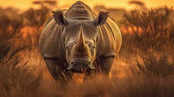 rhinoceroses in the african savannah, endangered animal species, banner made with Generative AI photo
