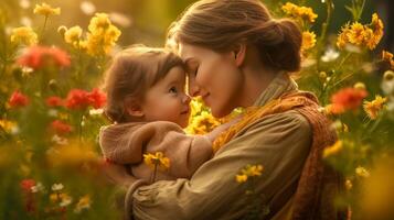 Mother's Day, portrait of a mother and child on a flowery meadow in nature, made with photo