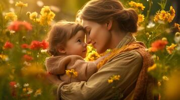 de la madre día, retrato de un madre y niño en un florido prado en naturaleza, hecho con generativo ai foto