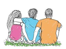 Friend is cuddling the girl, while the girl is holding the hand of her boyfriend, friends sitting on the ground field vector
