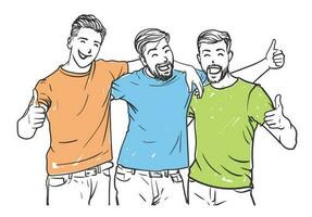 Tres masculino mejor amigos son riendo disfrutando juntos gratis mano vector dibujo