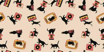 Seamless pattern silhouettes of the cat with retro media icon, different poses on color background, Cute and funny vector. vector