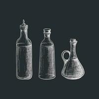 Glass bottle. Vector hand drawn set. Bio olive oil