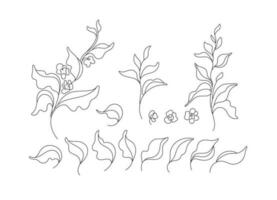 Tea set. Linear tree, leaves. Graphic bio symbol vector