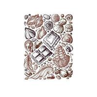 Chocolate sweets, cocoa beans. Vector drawn print