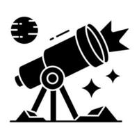 A space research tool icon, solid design of telescope vector