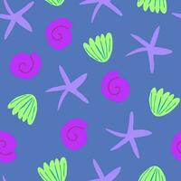 Cute seamless pattern with algae, corals and seashells vector