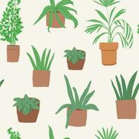 Trendy vector prints plants in flat style. Modern style is perfect for decor. Boho vector home plants - seamless pattern