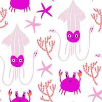 Sea life seamless pattern. Repeating image with animals of underwater world for printing on childrens bedding. Squid, starfish. Cartoon flat vector illustration