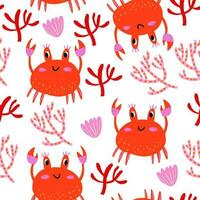 Vector seamless children's pattern with colorful crabs, shells and starfish on a white background. Suitable for baby prints, nursery decor, wallpaper, wrapping paper, stationery, scrapbooking