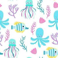 Octopus seamless pattern. Narwhal and turtle, cartoon cat with fish tail. Cute sea creature, fabric print with beautiful mythical creatures, nowaday vector background