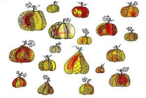 Hand drawn watercolor and ink pen set of pumpkins. Pattern, harvest festival, Halloween, autumn, fall. Boho, doodle photo
