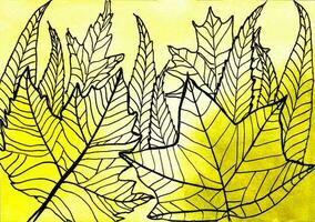 Pattern of leaves on watercolor background, grass, foliage, watercolor ink pen drawing. Forest. Autumn, fall, silhouette photo