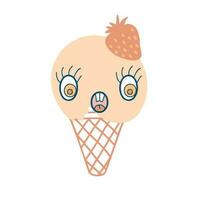 Amused face strawberry ice cream cone character with googly eyes. Perfect print for tee, sticker, poster. vector