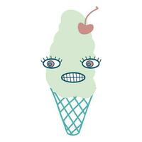 Giggle face cherry ice cream cone character with googly eyes. Perfect print for tee, sticker, poster. vector