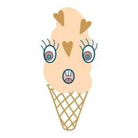 asustado cara Leche hielo crema cono personaje con chocolate corazones. Perfecto impresión para tee, pegatina, póster. vector