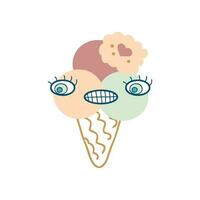 Cute giggle face three balls and cookie ice cream cone character. Perfect print for tee, sticker, poster. vector