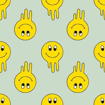 Groovy seamless pattern with smile face. Crazy print for tee, textile and fabric. vector