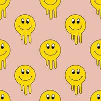 Positive seamless pattern with dripping smile face. Groovy retro print for tee, textile and fabric. vector