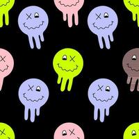 Psychedelic seamless pattern with melting smile face. Groovy retro print for tee, textile and fabric. vector