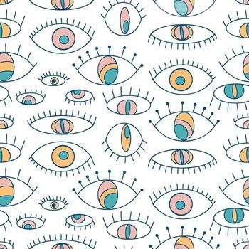 Psychedelic seamless pattern with doodle eyes. Groovy retro print for tee, textile and fabric. vector