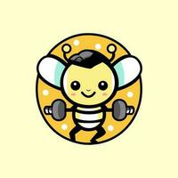 Vector logo illustration fitness of a bee and barbell flat cartoon illustration 1