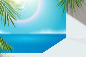 Bokeh blue ocean and palm tree leaves background in 3d illustration vector