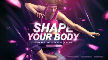 Body building class with dancing woman in 3d illustration, sparkling effect vector