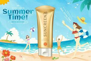 dorado color protector solar anuncios en hermosa playa con personas vistiendo bikini y jugando a el playa, 3d ilustración vector