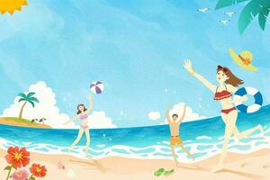 Summer time people playing at the beach doodle vector