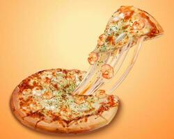 Stringy seafood pizza poster ads with cheese and rich ingredients in 3d illustration vector