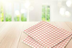 Grid tablecloth on wooden table and bokeh indoor background in 3d illustration vector