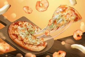 Tasty seafood pizza ads with stringy cheese in 3d illustration, shrimp and squid ring ingredients vector