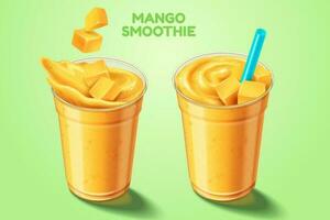 Mango smoothie takeout cup with fruit and straw in 3d illustration vector