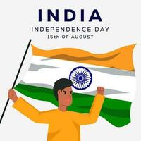flat design india independence day with a person holding indian flag vector