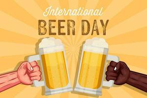 international beer day background illustration with two hands holding big glasses of beer vector