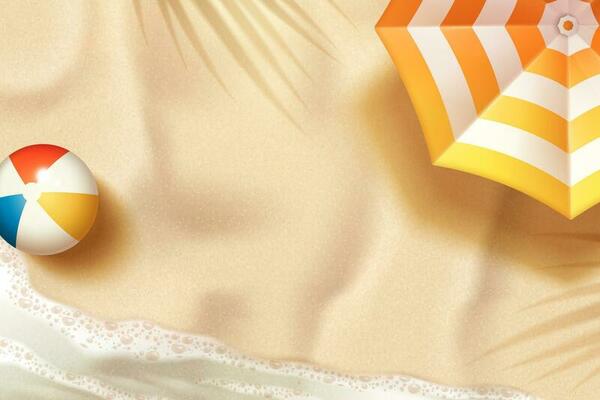 Beautiful summer beach background with parasol and beach ball in 3d illustration