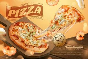 sabroso Mariscos Pizza anuncios con fibroso queso en 3d ilustración, camarón y calamar anillo ingredientes vector
