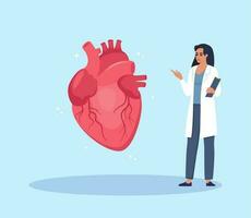 Doctor gives a training lecture about anatomy. Doctor presenting human heart infographics. Medical seminar, lecture, healthcare meeting concept. Vector illustration.