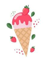 Ice cream strawberry cone dessert. Dairy product with fresh and ripe strawberry. Vector illustration.