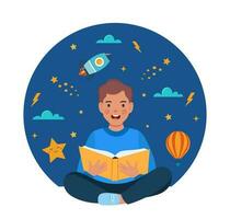 Boy sitting on the floor and reading book. Planet, rocket, star, cloud, aerostat. Education concept for kids. Knowledge, creativity, discoveries. Educational banner. Back to school. Vector. vector