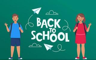 Back to school poster, banner. Lettering Back to school inscription with clouds and paper airplanes flying around, drawn with chalk on a green board. Happy kids pupils. Vector. vector