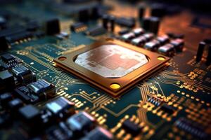 Hight semiconductor technology chip on integrated circuit board, line in light, metallic luster, technology, Abstract technology background, illustration. photo